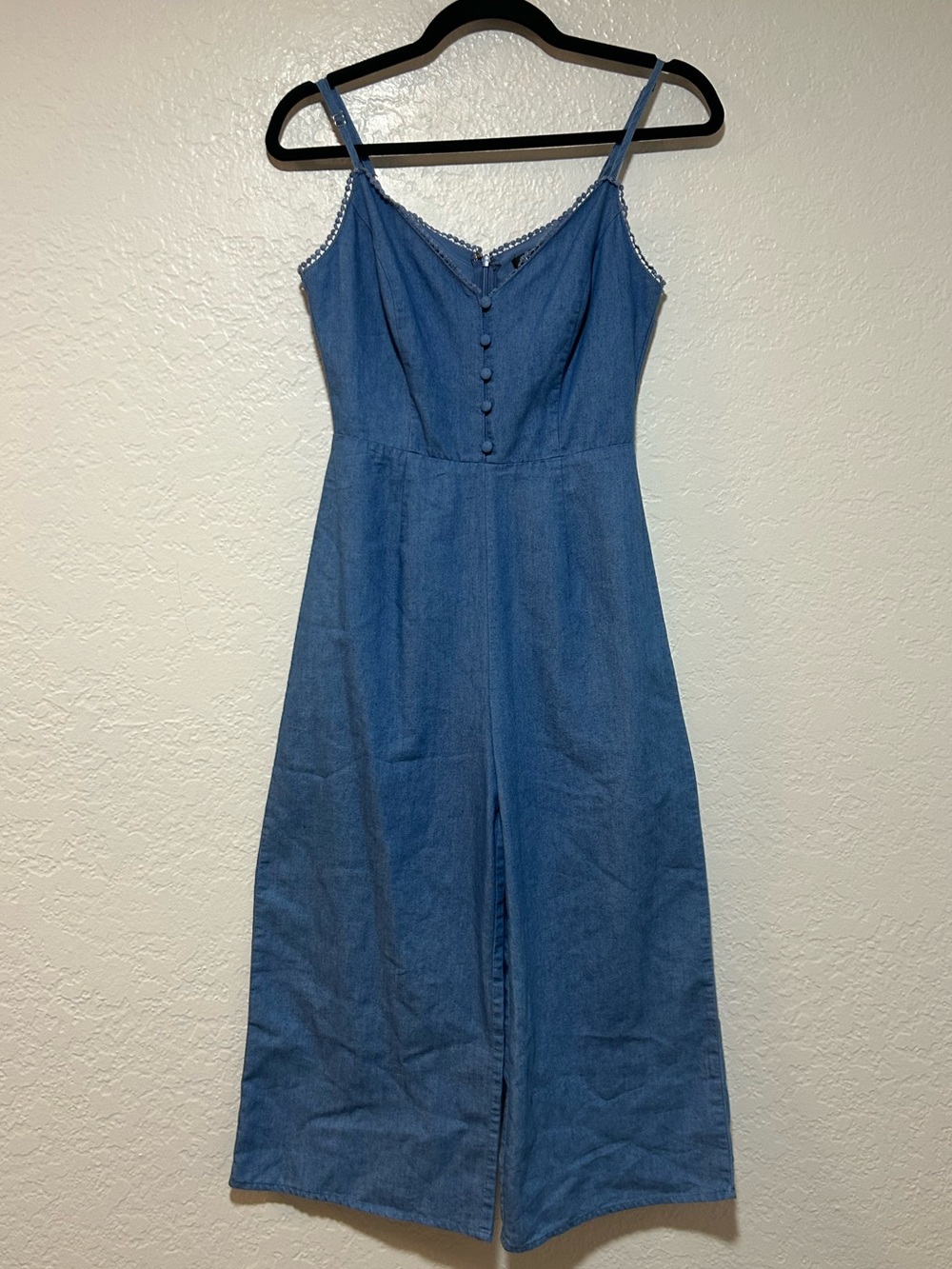 Lulu's Blue Denim Wide-Leg Jumpsuit with Spaghetti Straps